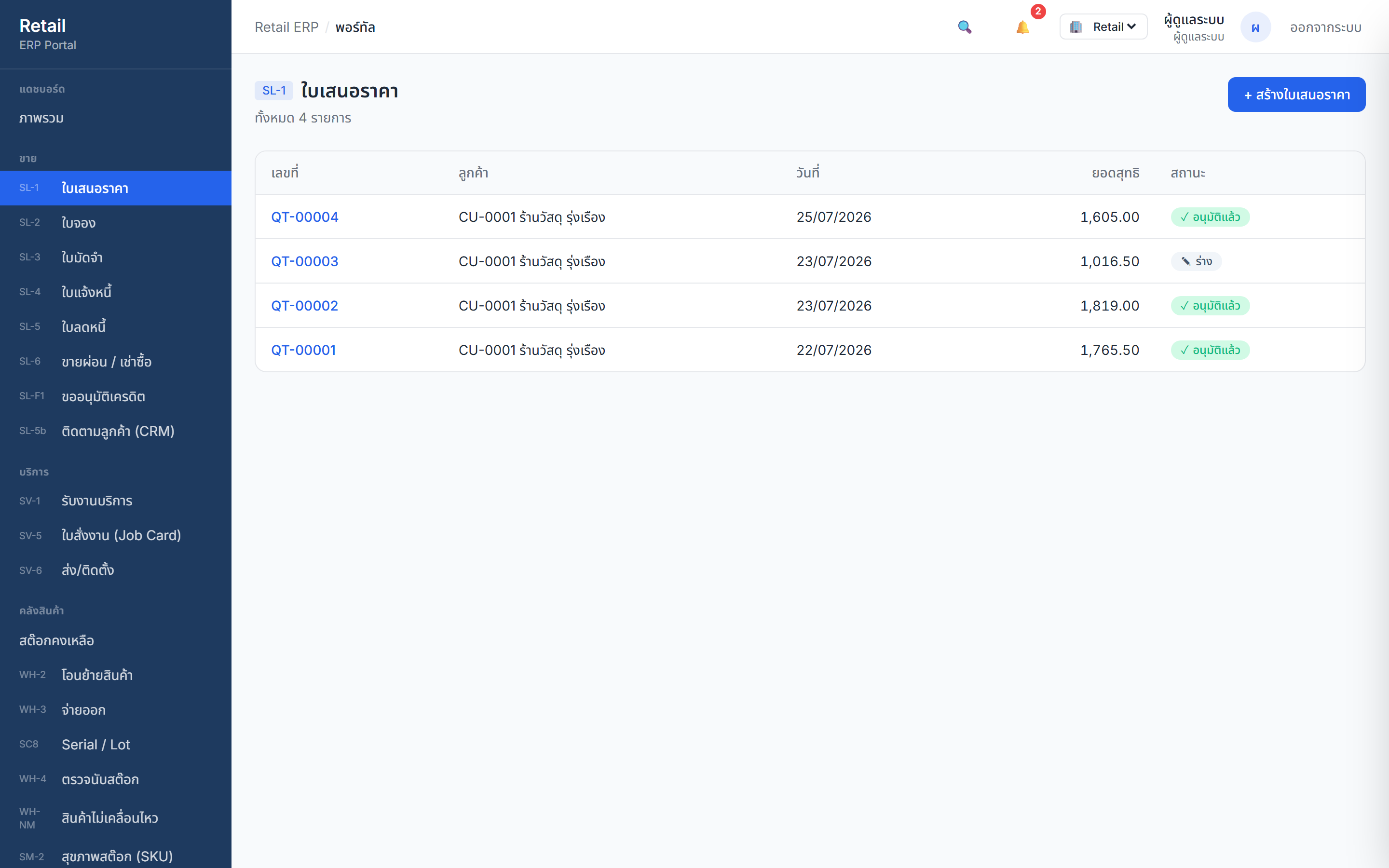 หน้าใบเสนอราคาของ Retail ERP (ข้อมูลตัวอย่าง)